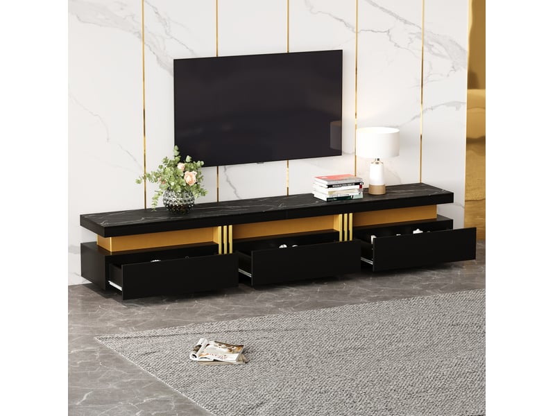  Meuble tv moderne bas 200x40x42 cm, fini noir imitation marbre (non marbre réel), panneaux de particules, avec 3 tiroirs  - Conforama E