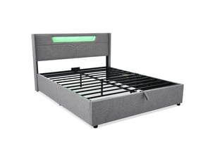 Lit double led 140x200 cm avec matelas, cadre de lit adulte avec sommier à lattes, gris, lit double avec tête de lit en lin