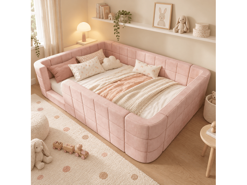 Lit enfant 140 × 190 cm avec barrière rembourrée et entrée basse, sommier à lattes en chenille rose pour chambre - Conforama D