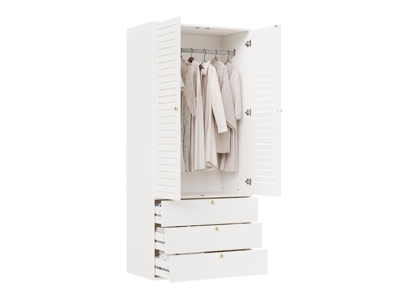 Armoire blanche 90x50x200 cm avec 2 portes battantes persiennes et 3 tiroirs - Conforama A