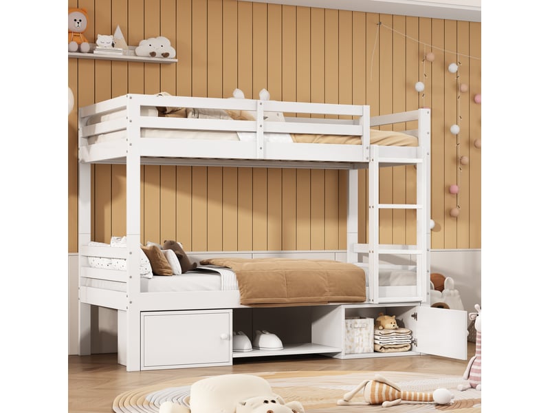  Lit superposé enfant blanc 90 x 200 cm avec étagères à chaussures et rangements fermés  - Conforama C