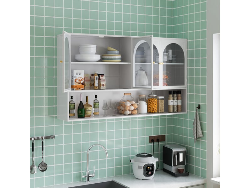  Armoire murale à 4 portes avec étagères en verre gris et métal pour cuisine et salon 120 × 23 × 70 cm  - Conforama C