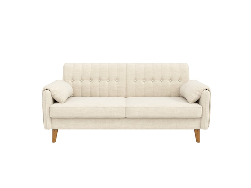  Canapé 2 places 161,5 x 79 x 83,5 cm, assise épaisse, dossier capitonné, 2 coussins, poches latérales, pieds bois massif, chenille, beige OMNIGLINT TRADING LTD - Conforama A