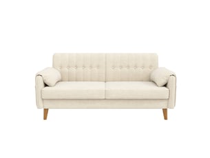 Canapé 2 places 161,5 x 79 x 83,5 cm, assise épaisse, dossier capitonné, 2 coussins, poches latérales, pieds bois massif, chenille, beige