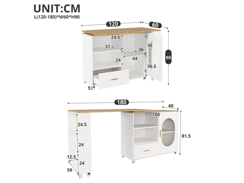 Îlot central de cuisine mobile avec plateau rotatif et rangement 120-180 cm evryae - Conforama E