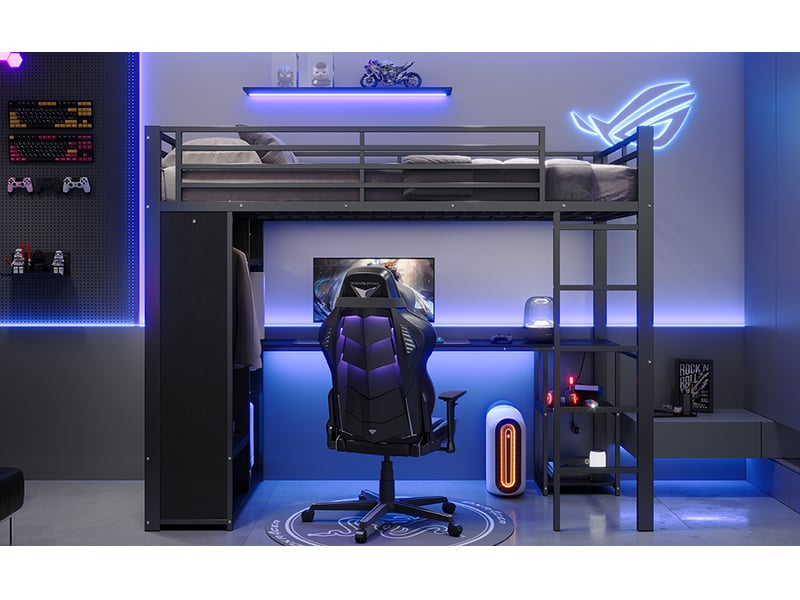  Lit superposé 90x200 cm noir mdf et métal avec bureau rangements étagères armoire ouverte led et prises usb type-c Sol Morn - Conforama E