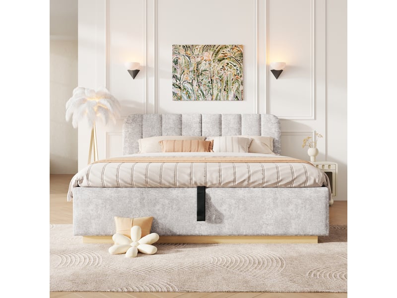  Lit coffre 140x200 cm gris clair, tissu chenille, sommier relevable hydraulique, led contrôlée par appli, sommier à lattes inclus  - Conforama W