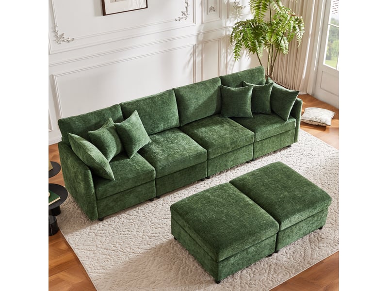  Canapé modulable modenvie 6 places en chenille vert convertible en u et en l avec 2 poufs et 6 coussins  - Conforama D