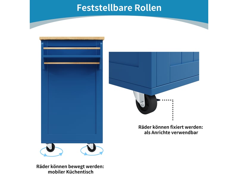  Îlot de cuisine bleu moderne avec rangement, desserte à roulettes en mdf et métal, 102x45x92 cm  - Conforama R