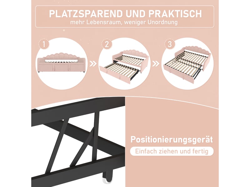  Lit de jour extensible 90x200 à 180x200 cm canapé-lit en velours rose avec bande led  - Conforama D