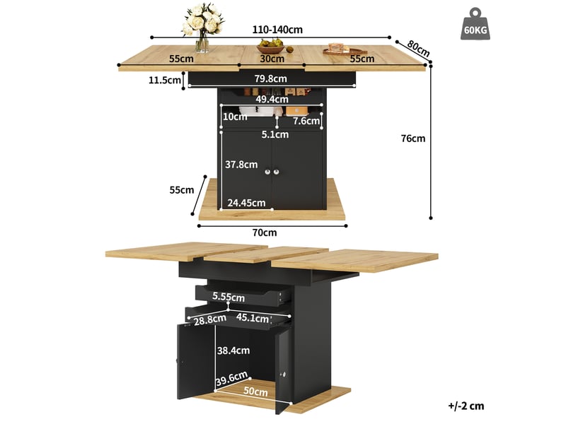 Table de cuisine rectangulaire avec allonge noir+naturel - 80x110-140max.cm mdf table bicolore - Conforama C