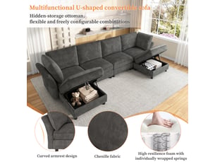 Canapé d'angle modulable en u 6 places en tissu chenille gris avec poufs de rangement