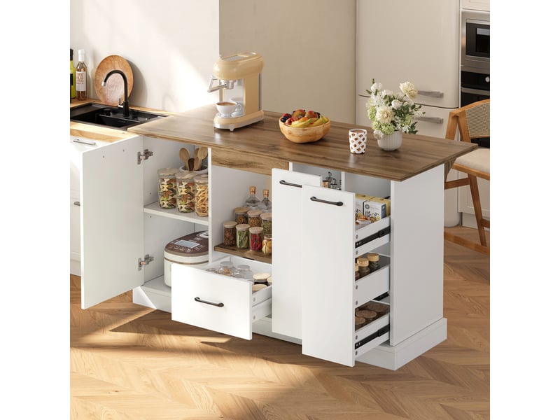  Îlot de cuisine rangement 150x4565x80 cm - surface modulable - tiroirs de rangement - étagères réglables - mdf - blanc et bois naturel CozyNest - Conforama E