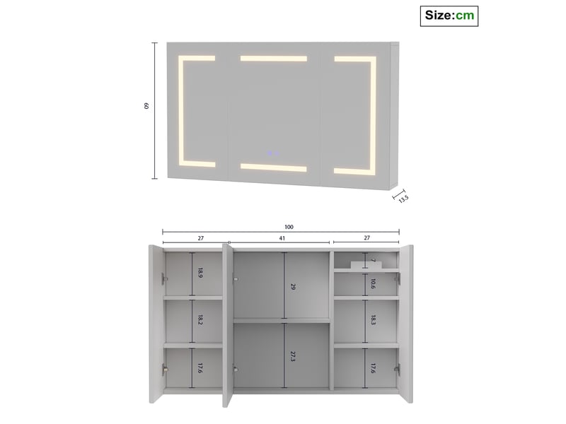  Armoire murale de salle de bain - 100x60cm - miroir led 3 couleurs antibuée avec prise eu et distributeur de mouchoirs - blanc  - Conforama E