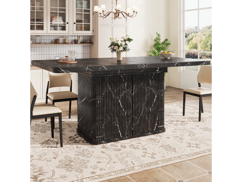  Table à manger extensible 140 à 180 cm avec rangement caché, plateau coulissant et façades rainurées, effet marbre noir  - Conforama B