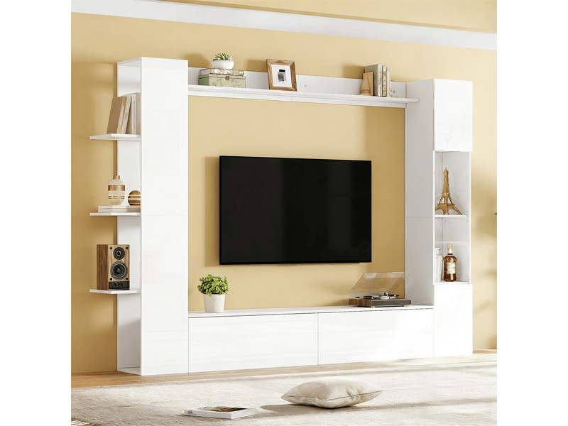  Ensemble meuble salon avec vitrine meuble tv mural blanc brillant 245 cm - rangement ouvert et fermé  - Conforama W