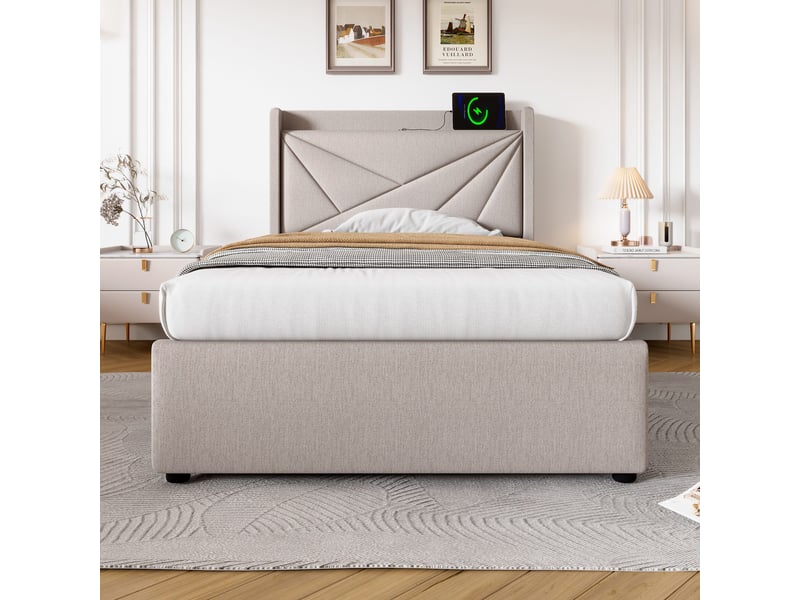  Lit avec rangement 90x200 cm, ports usb et usb-c, sommier à lattes, structure en tissu coton-lin, pour chambre enfant - beige  - Conforama D