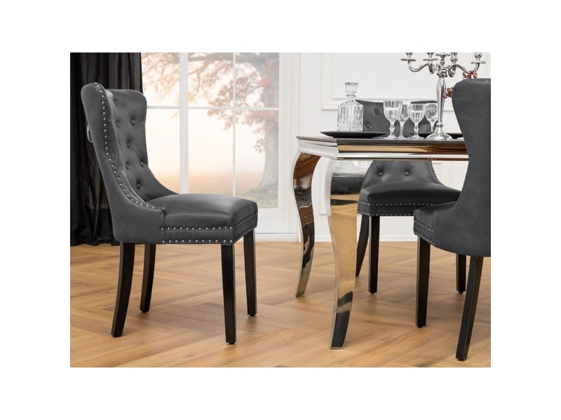  Lot de 2 chaises chesterfield regina gris anthracite en cuir artificiel capitonné – anneau argenté et pieds noirs  - Conforama D