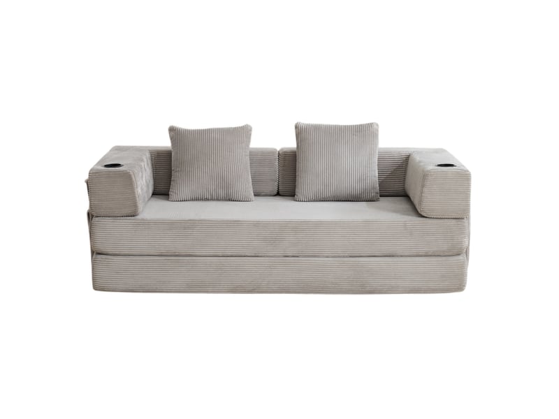  Canapé convertible au sol, canapé compressé avec dossier oreiller, accoudoirs et porte-boisson, lit sommeil gris clair en velours côtelé  - Conforama A
