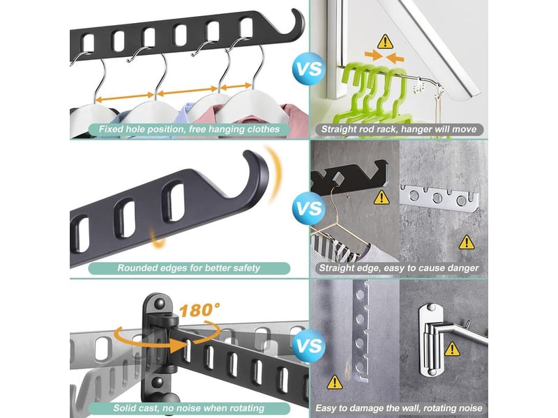  Porte-vêtements mural pliable, rotation à 180°, aluminium massif, blanc, étendoir pour buanderie, crochet de rangement pliable, gain de place  - Conforama B