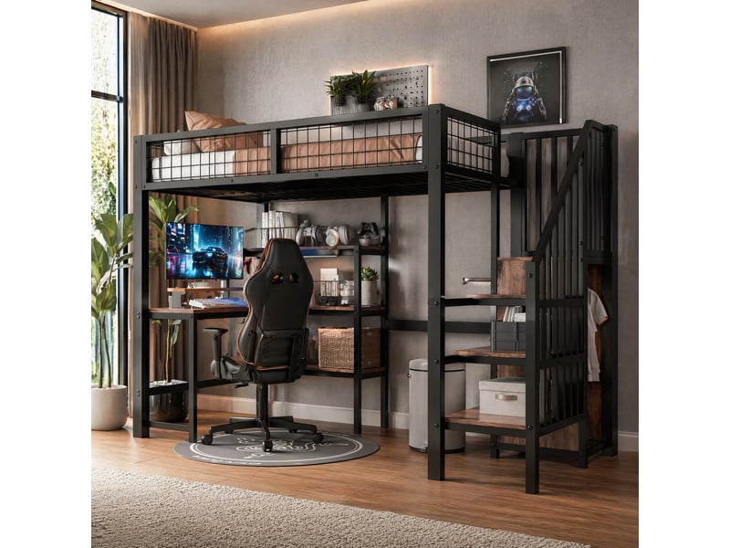  Lit mezzanine 90x200 cm avec bureau et rangements en métal et mdf noir et marron  - Conforama D
