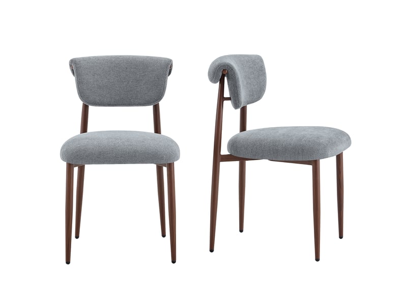 Chaise de salle à manger rembourrée avec assise large, dossier incurvé et structure métallique, en lin gris
