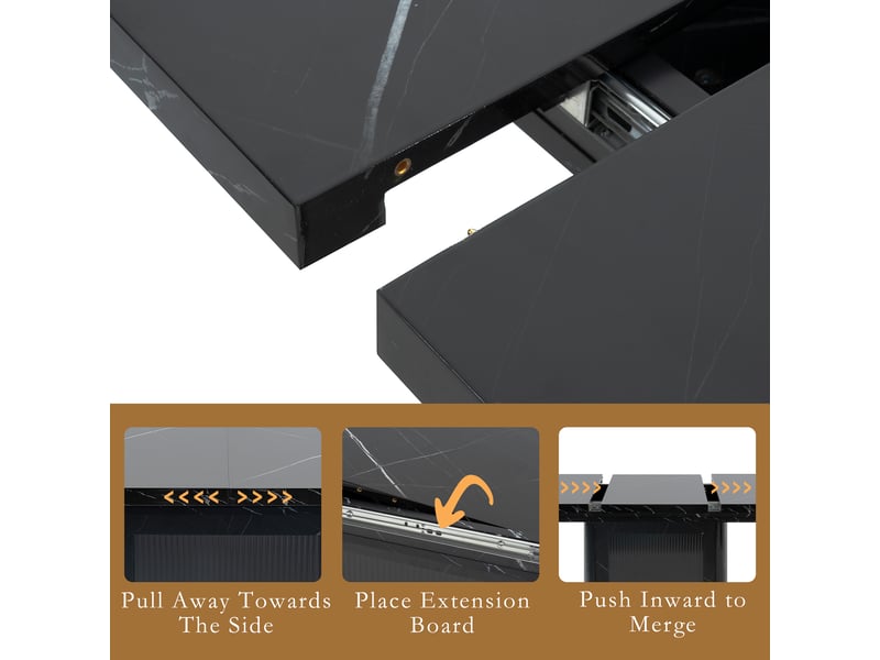 Table à manger extensible avec rangement et portes vitrées, plateau effet marbre noir, 120 à 160 × 80 × 76 cm - Conforama E