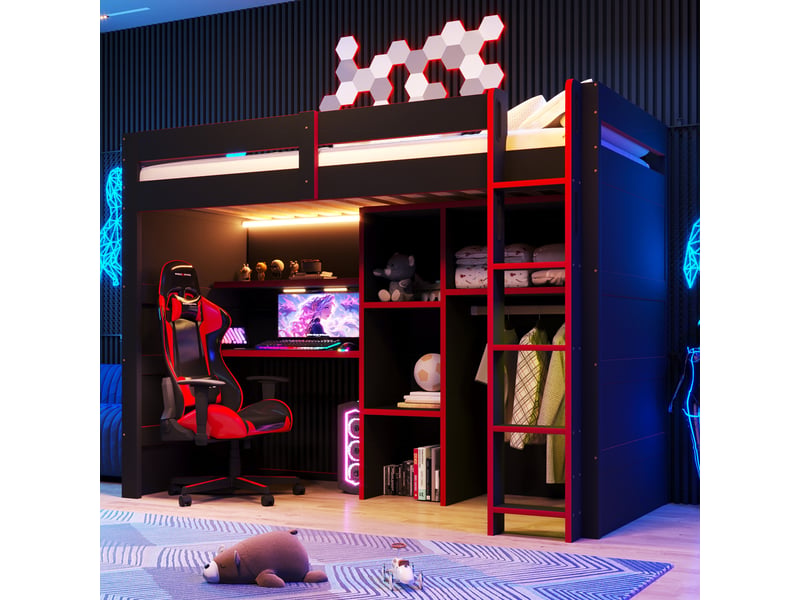 Lit mezzanine 90x200 cm avec éclairage led et ports usb et usb-c en bois, mdf, noir CARDUME ESTIVAL - Conforama E