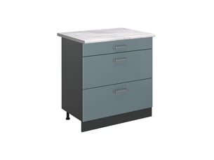 Vicco meuble cuisine, bleu-grisanthracite, 80cm avec 3 tiroirs plan de travail marbre