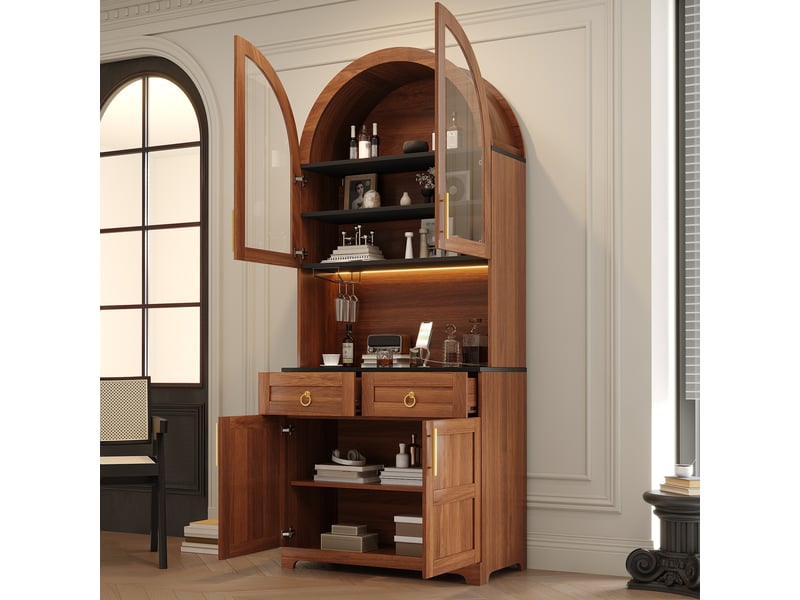  Buffet haut vitré 80 cm décor noyer, 4 portes, 2 tiroirs, led et prises Fay Lum - Conforama B