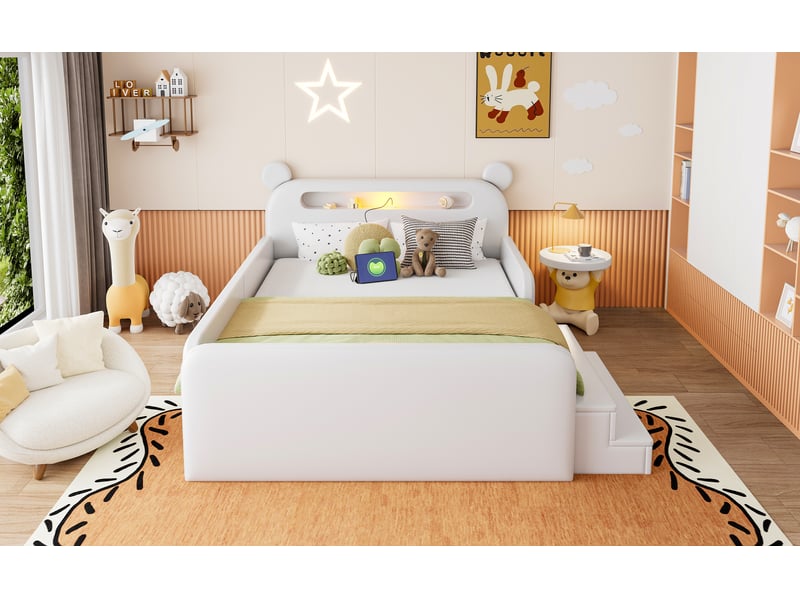  Lit enfant capitonné 140x200 cm blanc similicuir avec tête de lit ours lumière usb rangement intégré et assise escalier Sol Morn - Conforama E