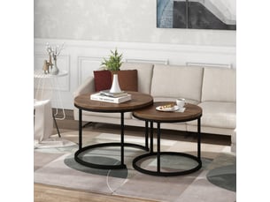 Tables basses gigognes rondes avec 2 plateaux, structure métallique, effet marbre, pour salon, finition chêne