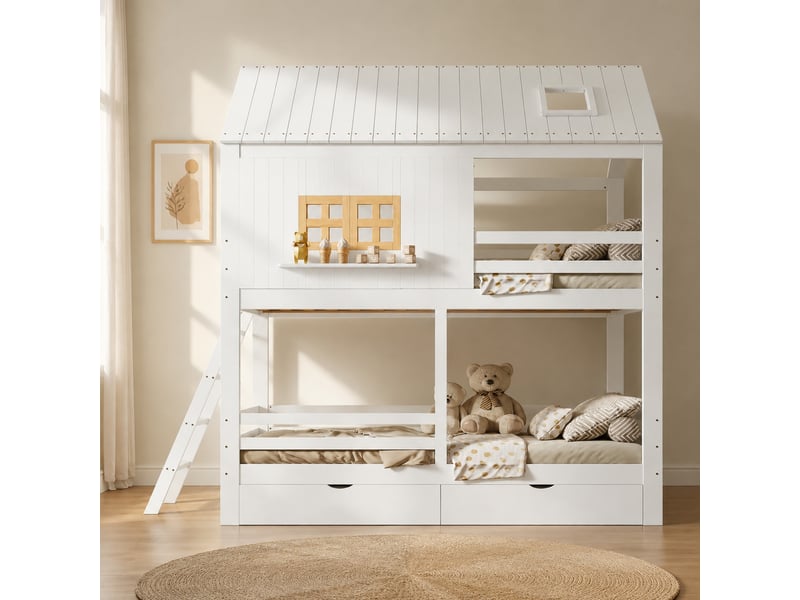  Lit superposé 90x200 cm avec 2 tiroirs, fenêtres et toit en bois mdf contreplaqué blanc et naturel  - Conforama B