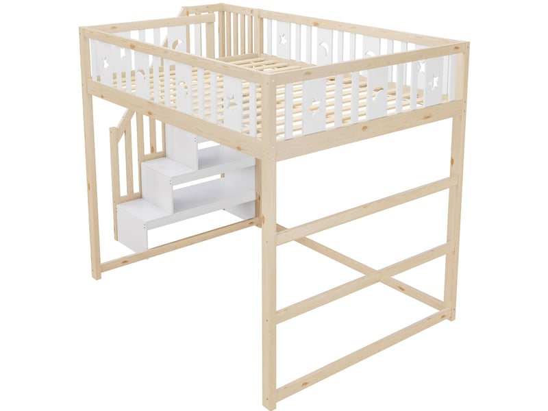  Lit mezzanine enfant 140x200 cm – blanc et bois naturel – escalier avec rangement – sans matelas  - Conforama D