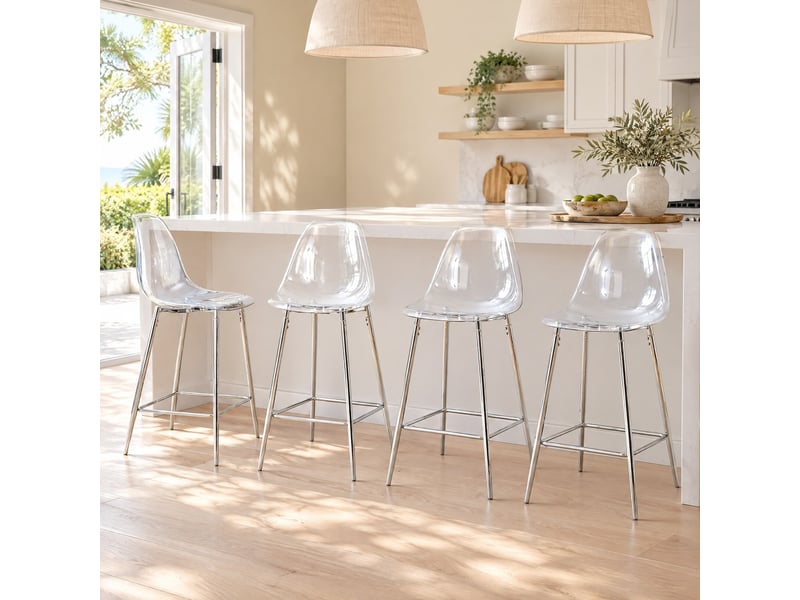  Tabourets de bar 43x50x101 cm lot de 4, transparents, chaise de bar, design moderne, cuisine, structure métal, argenté  - Conforama B