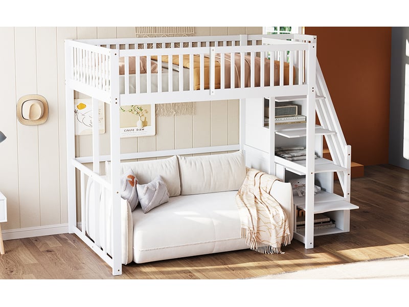  Lit mezzanine 140x200 cm avec échelle de rangement, cadre de lit adulte en pin avec sommier à lattes, lit double, blanc  - Conforama W