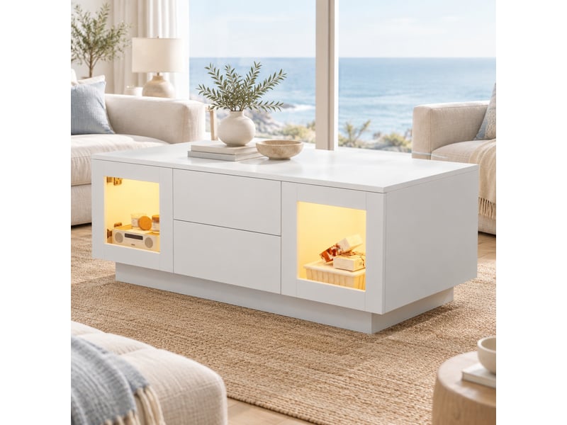  Table basse avec led rgb, 2 tiroirs et 2 placards - lpospi - commande par application et voix, mdf blanc 100 × 50 × 40 cm  - Conforama C