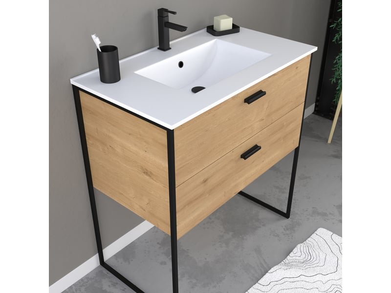  Ensemble meuble de salle de bain 80x45cm style industriel couleur chene naturel - vasque blanche  - Conforama D