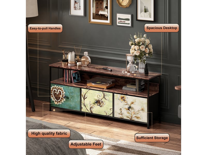 Meuble tv led 137cm meuble télé avec 3 tiroir en tissu et étagères ouvertes, cadre en acier, banc tv salon, chambre, multicolore - Conforama E