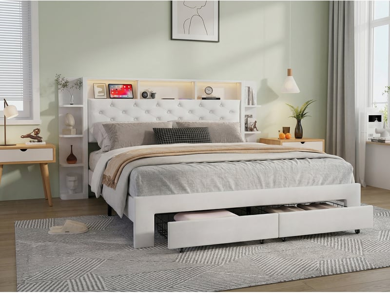 Lit 2 places 160x200 cm - tiroirs de rangement et led - usb - lit 2 places velours - tête de lit avec rangement ouvert - Conforama D