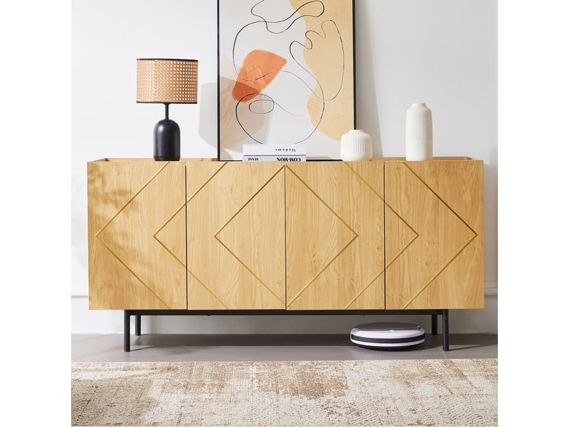  Buffet à 4 portes avec étagères réglables et détails métalliques, en panneaux de particules, coloris naturel, 160 × 40 × 78 cm  - Conforama B