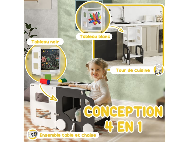  Tour d'observation enfant 4 en 1, tour d'apprentissage, hauts rebords de sécurité, tableau noirblanc, gris, 58x46x92cm  - Conforama A