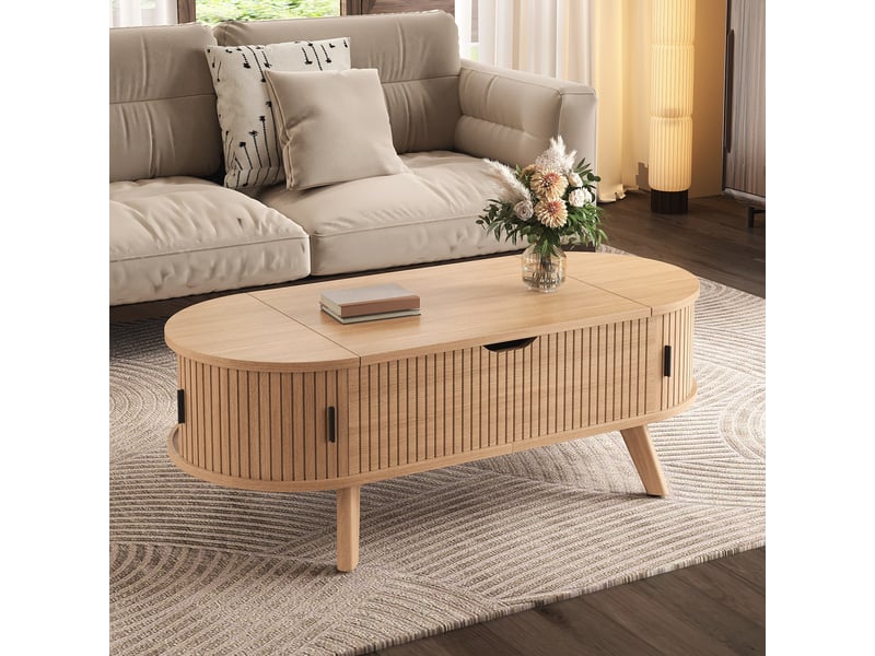  Table basse de salon ovale 110x50x53,5 cm - plateau relevable hydraulique - rangement caché - 2 portes coulissantes - mdf - bois naturel CozyNest - Conforama E