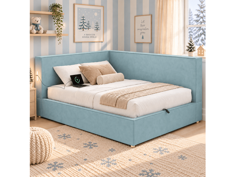  Lit coffre 90x200 cm, lit simple en velours bleu avec led et usbtype-c, sans matelas  - Conforama B