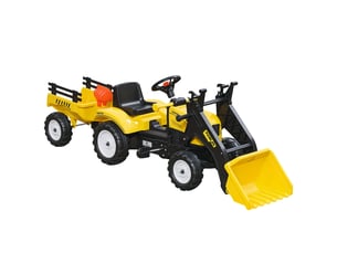 Tracteur à pédales tractopelle avec remorque pelle et rateau jaune noir