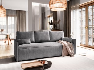 Canapé droit convertible <strong>MASSENO</strong> <strong></strong> 3 places Velours côtelé gris avec coffre de rangement