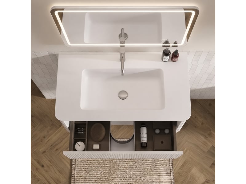  Ensemble meuble vasque suspendu 80 cm blanc avec miroir led  - Conforama D