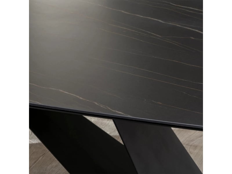  Table de salle à manger fixe en céramique et métal 220x110 orion - effet marbre noir  - Conforama C