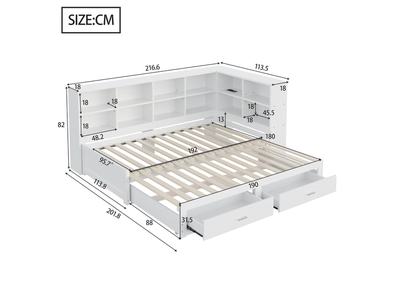  Modenvie lit gigogne 90180x190 cm - avec rangement et prises multifonctions, sommier inclus - blanc  - Conforama C