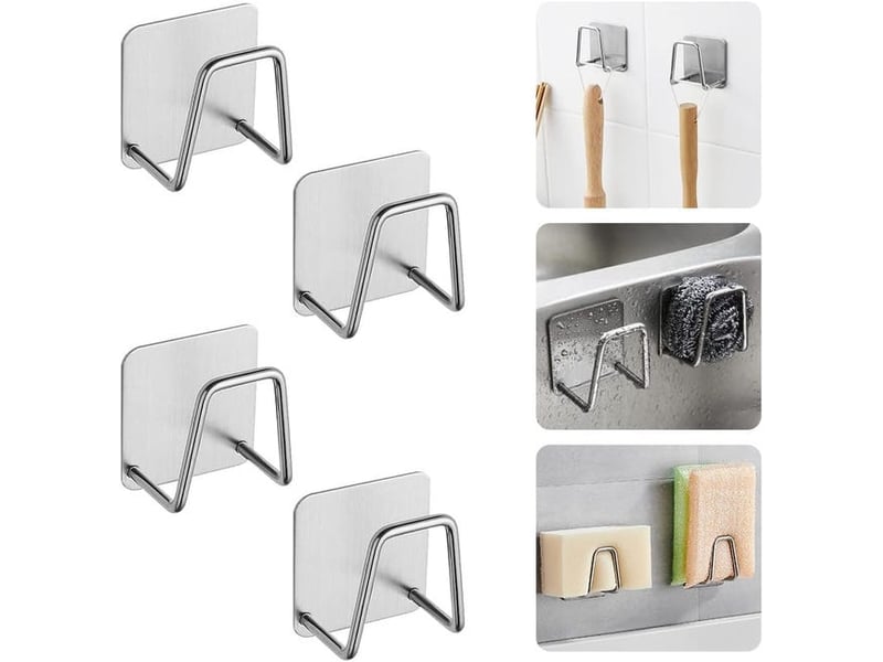  Lot de 12 supports à éponges auto-adhésifs en acier inoxydable, crochets pour évier de cuisine avec bouchons adhésifs, gris  - Conforama B